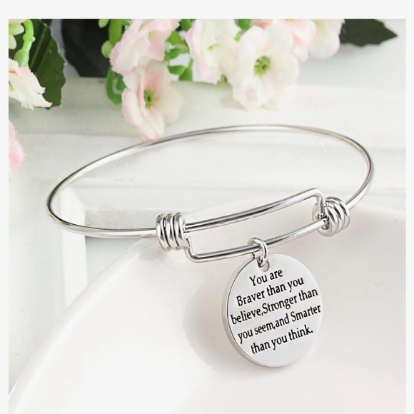 “You are braver” Inspirational Silver Bangle Bracelet - Picture 4 of 5